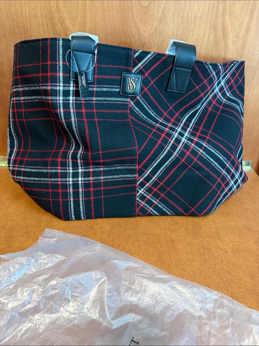 Victoria's Secret Black Plaid Tote with Red & White Trim NWT